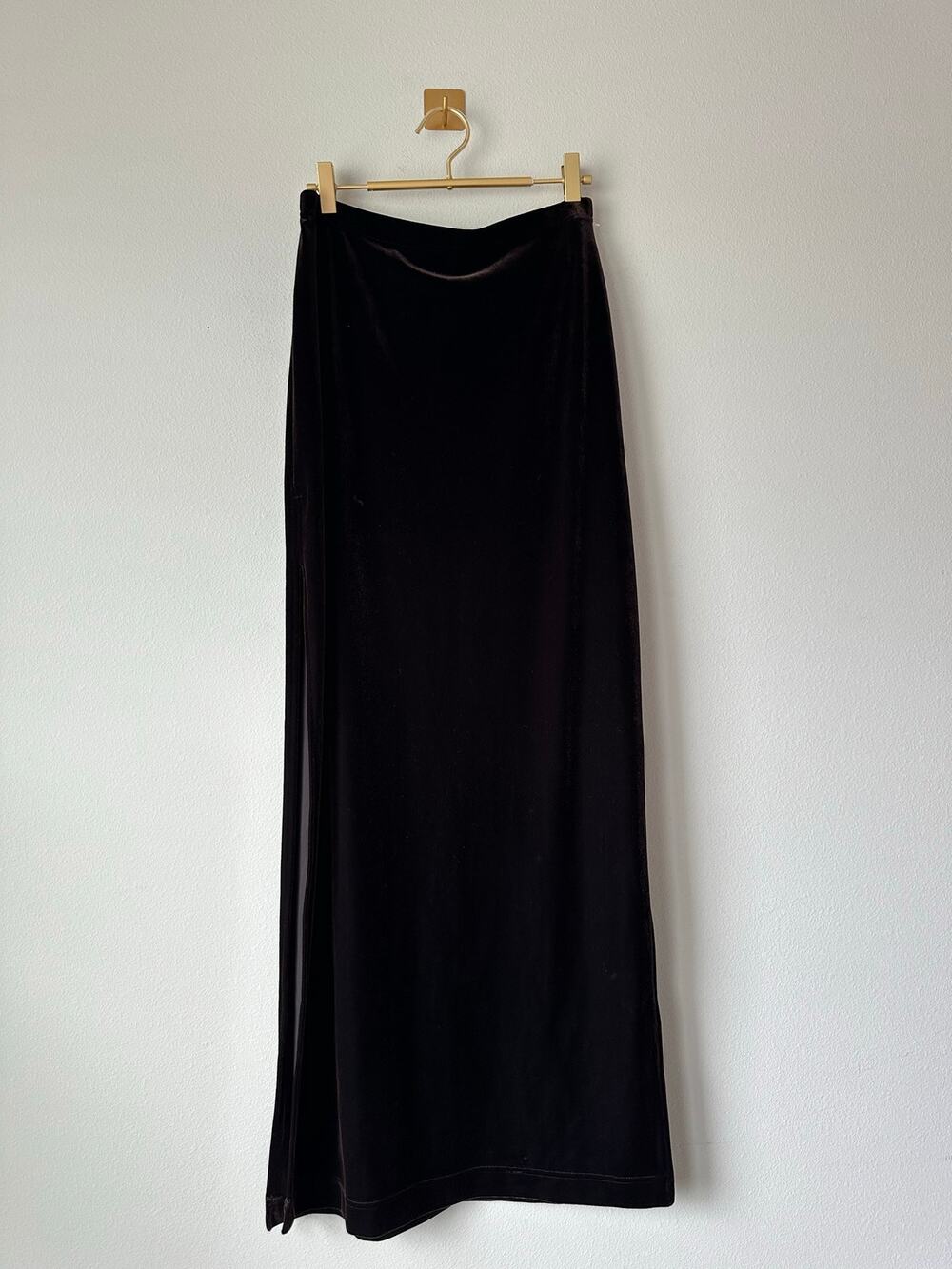 Vintage 90s Tadashi Brown Velvet Maxi Skirt Side Slits Y2K Minimalist Size M NWT